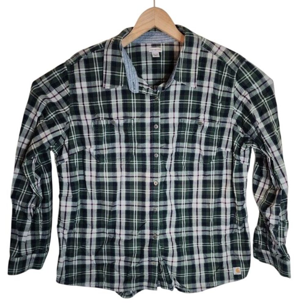 Carhartt Button‎ Up Shirt Men's XXL Long Sleeve Plaid Green